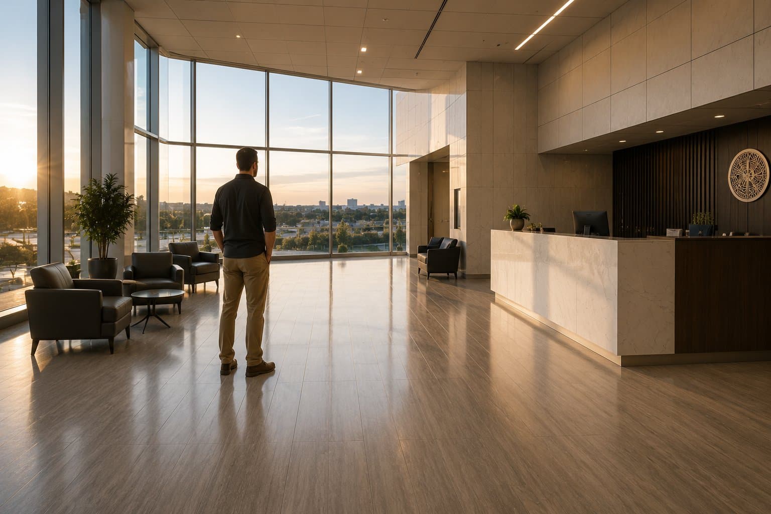 Wide shot of a finished commercial flooring installation — polished corporate lobby, finished retail space, or healthcare corridor with seamless LVT. Golden hour light. Owner in middle distance looking out across the finished floor, hands not full. The seam is welded; nothing needs holding.